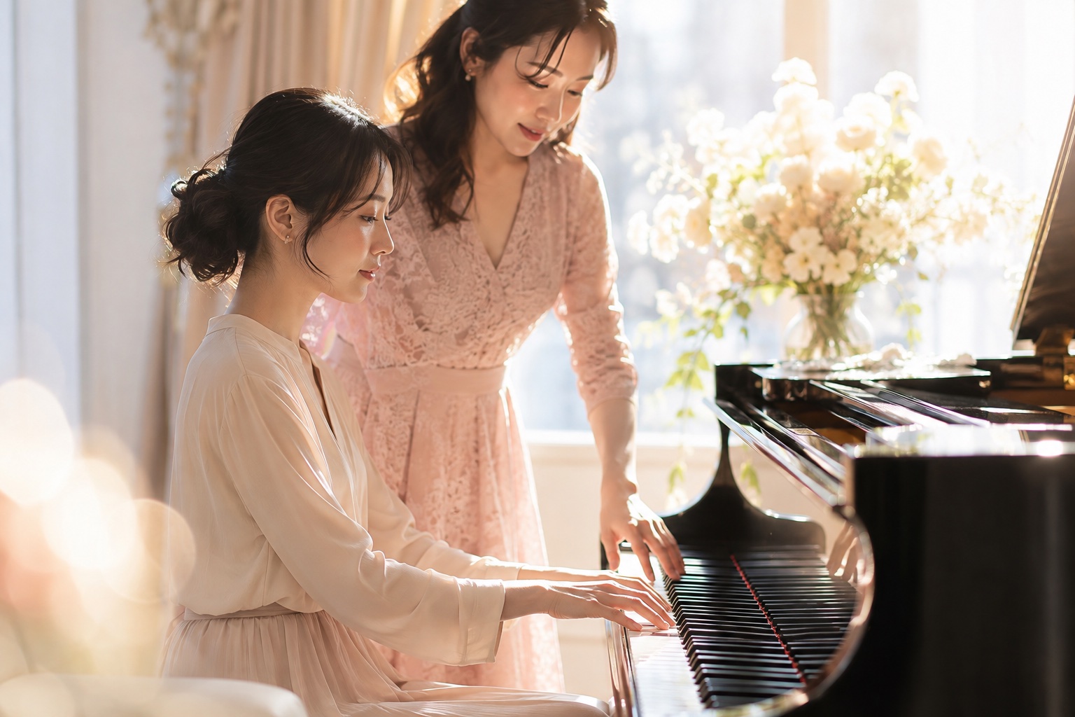 午後の光の中でピアノを習う大人の手元(AI生成イメージ)