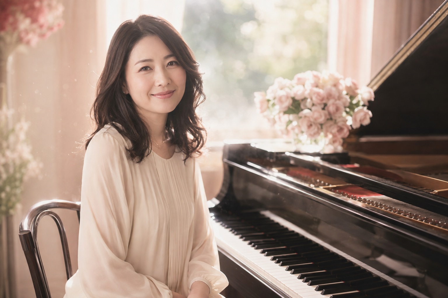 ひびきピアノ教室の架空講師・山田花子(AI生成イメージ)